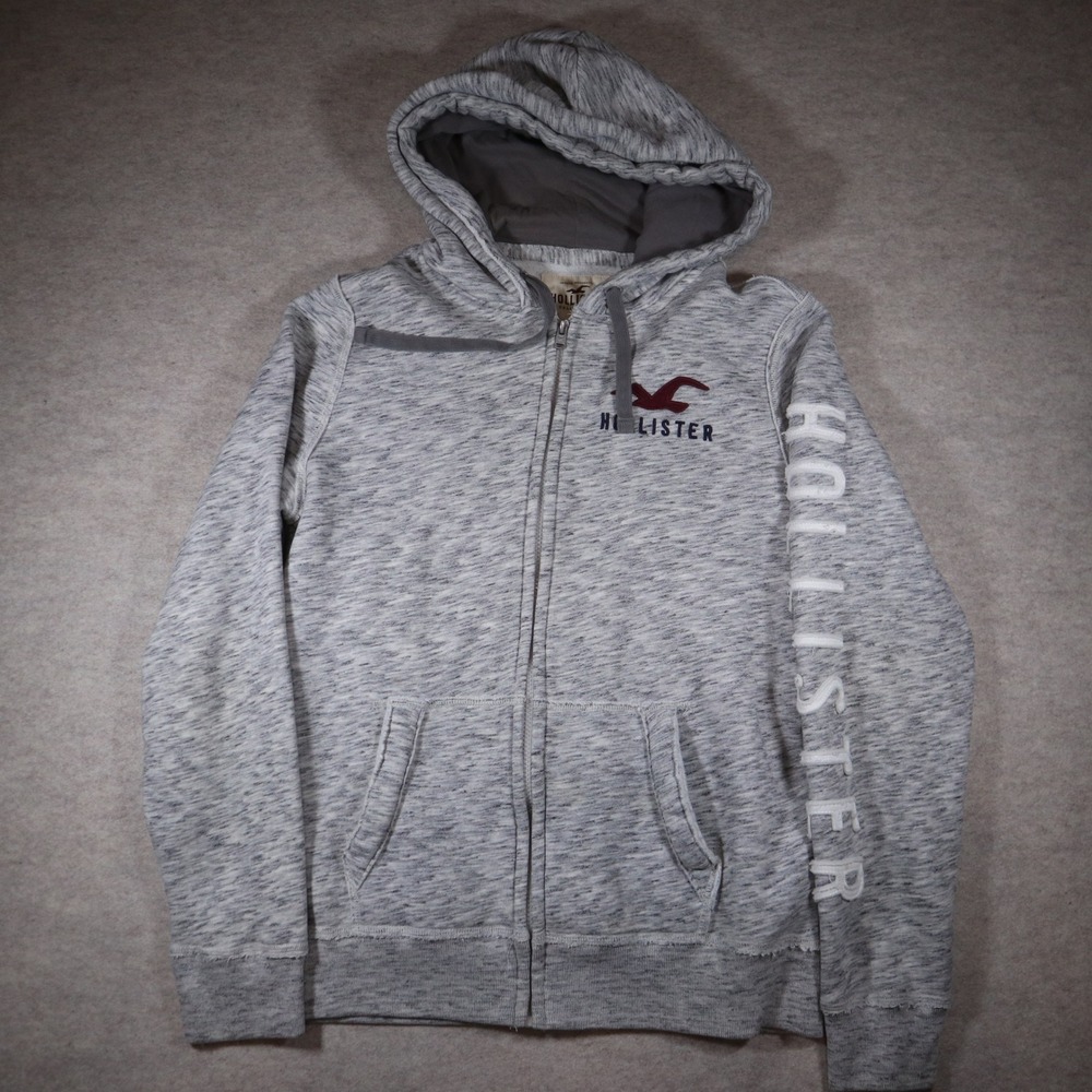 Hollister Mens Full Zip Hoodie Grey Marl Spellout Logo Skater Y2K Medium